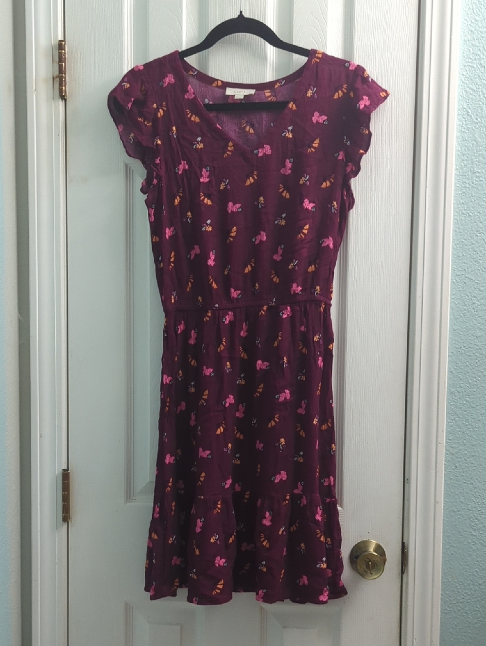 LOFT Plum Floral & Butterfly Slight V-neck Dress With Pink And Orange Accents
